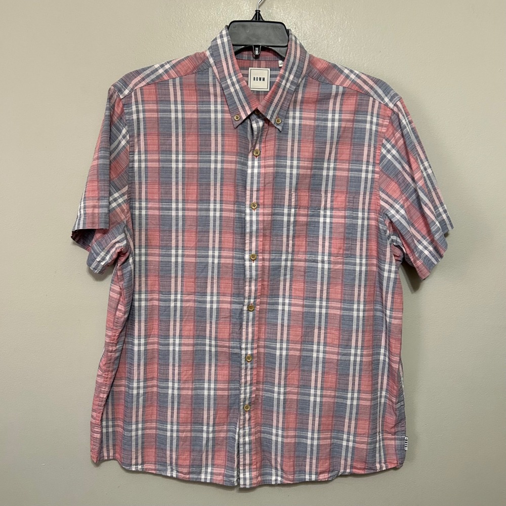 ROWM Mens Button Down Shirt XL Plaid Pink Blue White 100% Cotton Short Sleeve